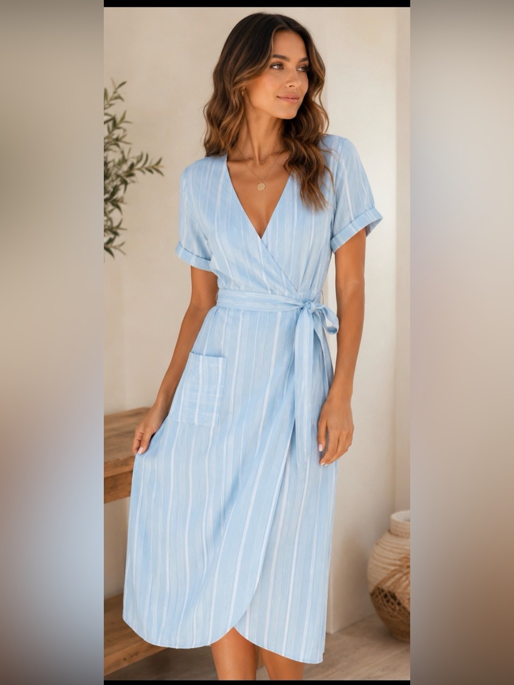 Blue Rain Light Blue Striped Wrap Dress